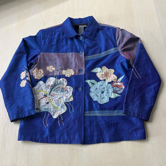 indigo moon Jackets & Blazers - Y2K Indigo Moon Jacket Womens Small Blue Silk Blend Floral Beaded Embroidered